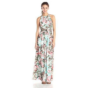 Jessica Simpson Women's Maxi Dress 10 Blue Pink Floral Print Halter Sleeveless